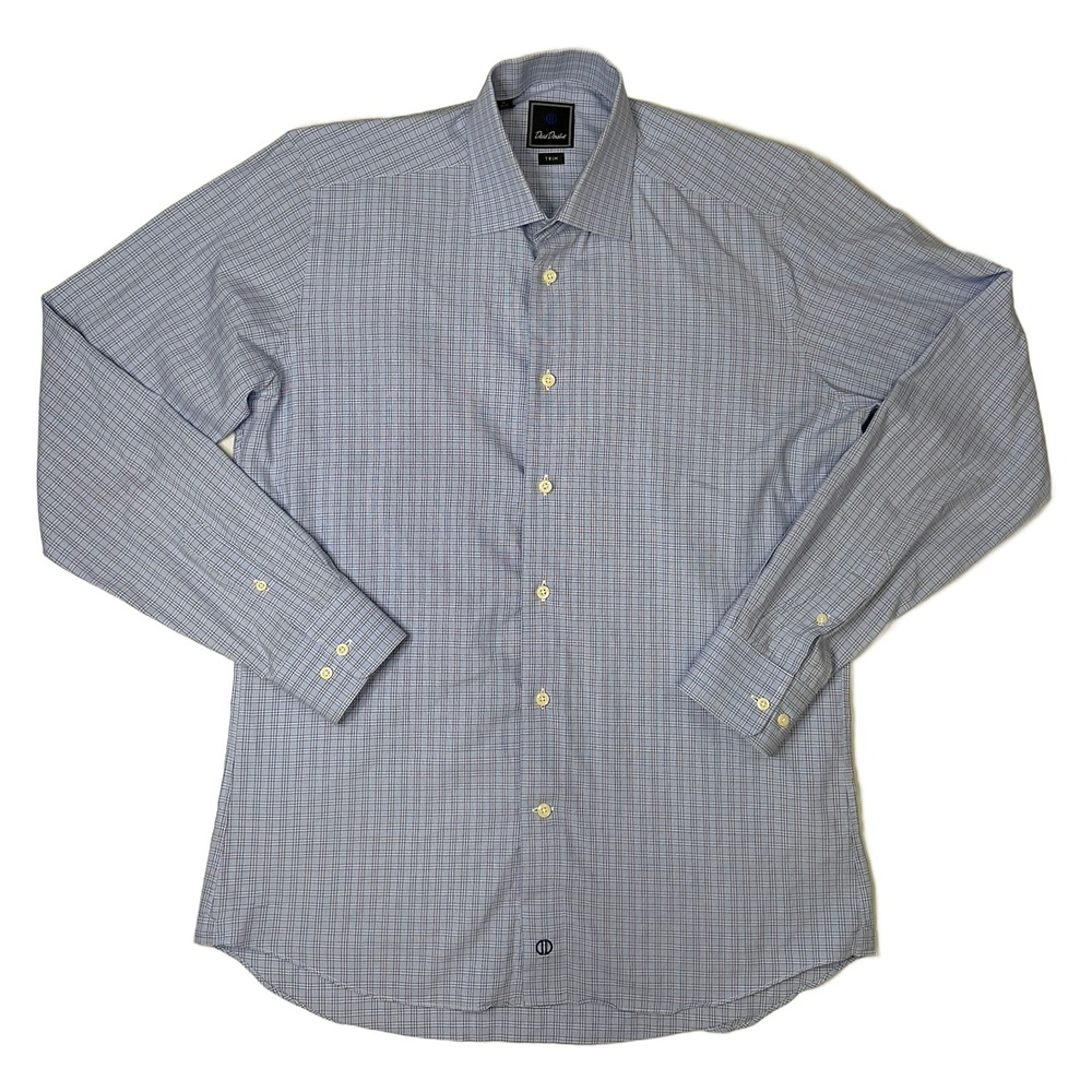 David Donahue Trim Fit Dress Shirt Blue Plaid Cotton 16 34/35 Mens